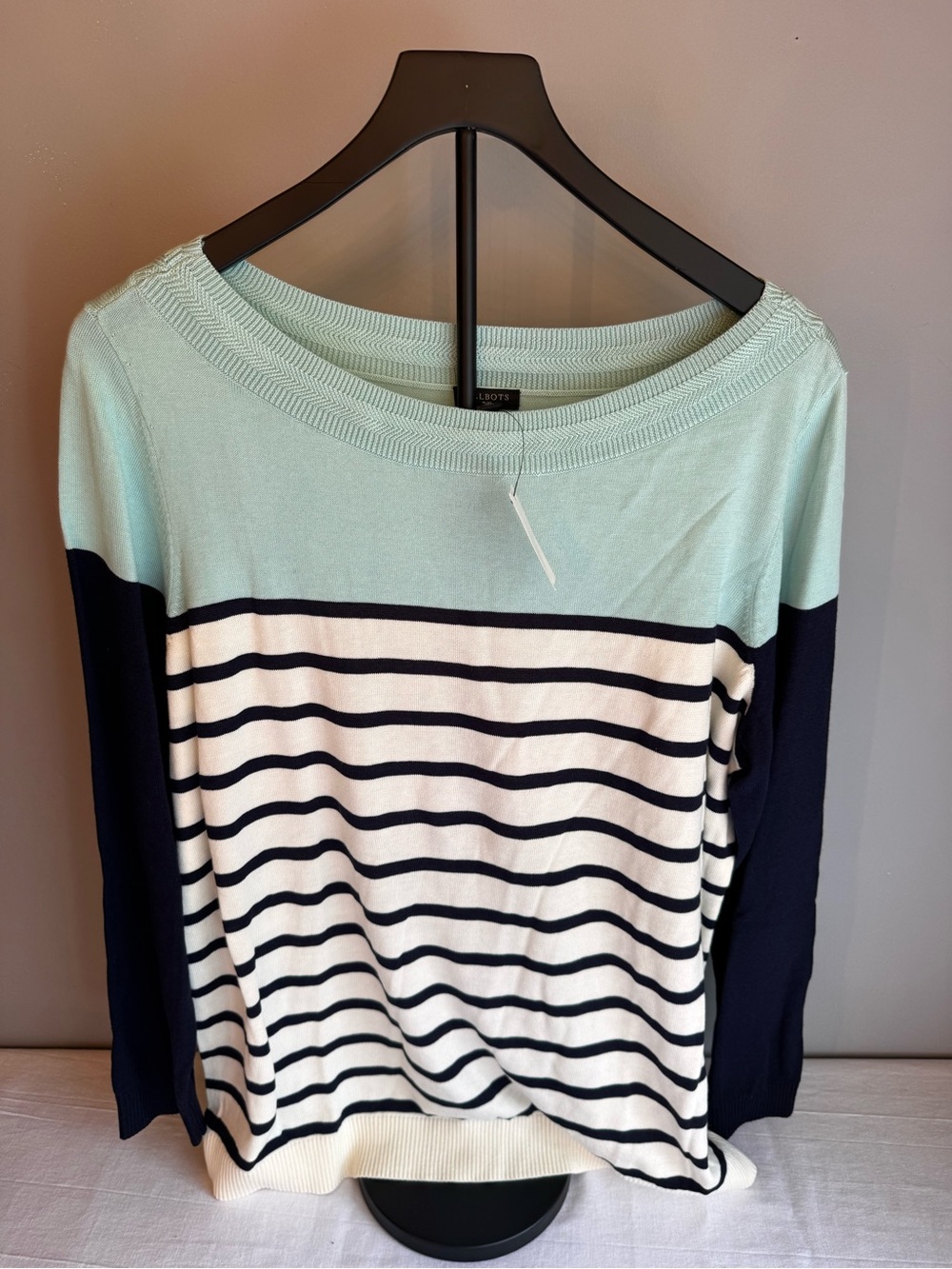 Talbots Mint, Navy & Cream Striped Boatneck Sweater